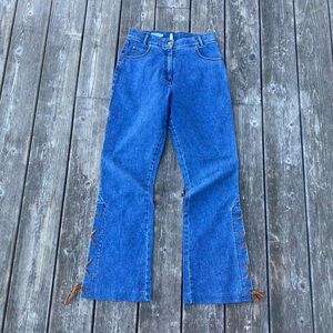 Vintage Aust Blue Denim Bootcut Jeans w Brown Suede Lace Up Ankle Detail Sz 4/6